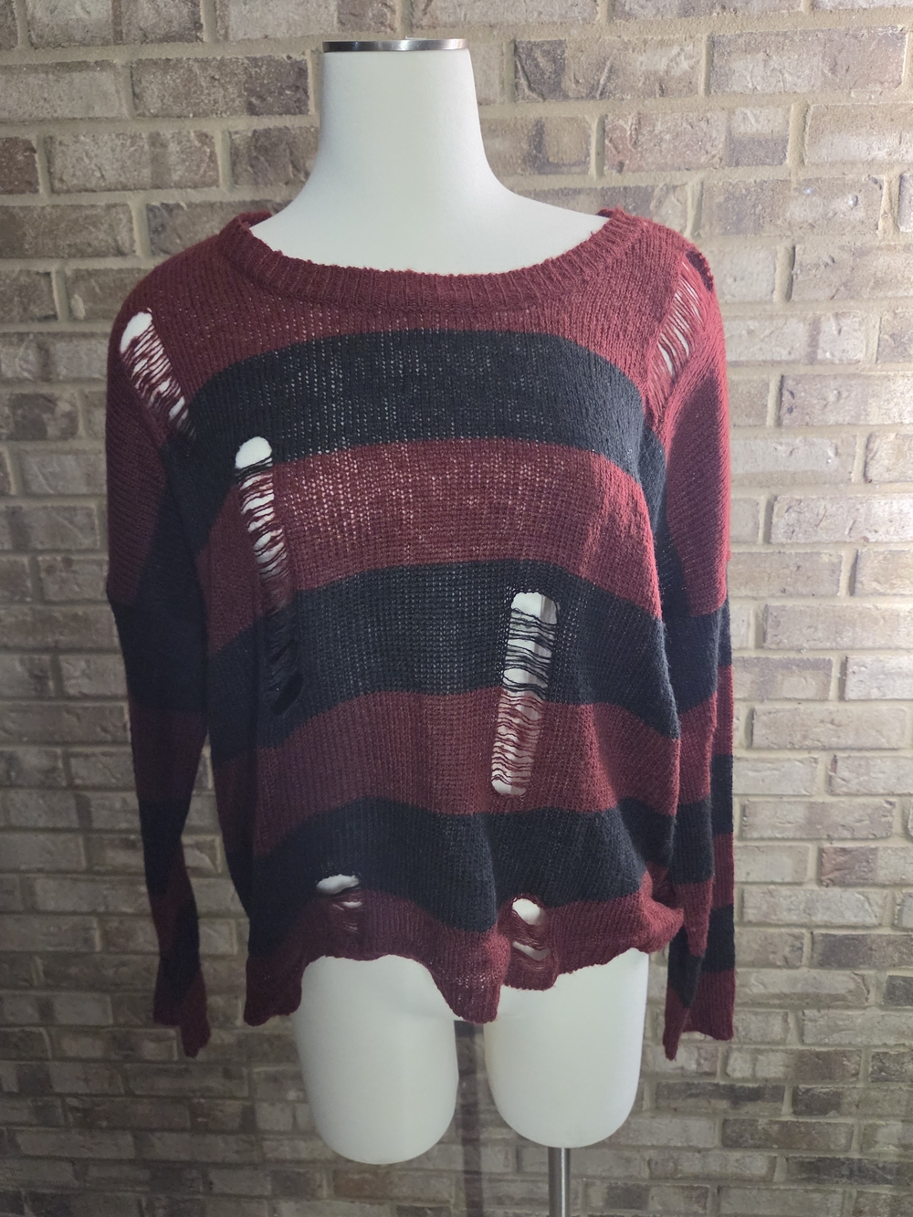 Striped Distressed Open-Knit Sweater - Burgundy/Black